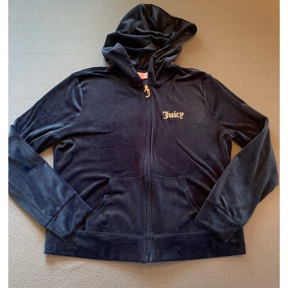 Juicy Couture Navy Blue Full Zip Velour Rhinestones Hoodie Y2K Bling Large